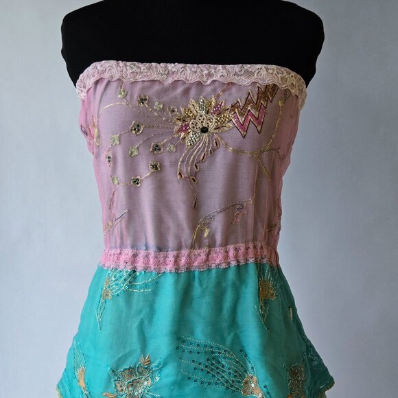 Handmade Tube Top Embroidered Sequins Flowers Vintage Romantic Blouse - Picture 7 of 13